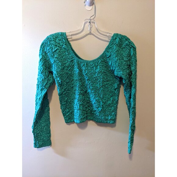 Vintage Y2K Green Teal Bubble Top Long Sleeve Crinkle Stretchy Scoop Neck Sz M - Picture 7 of 7